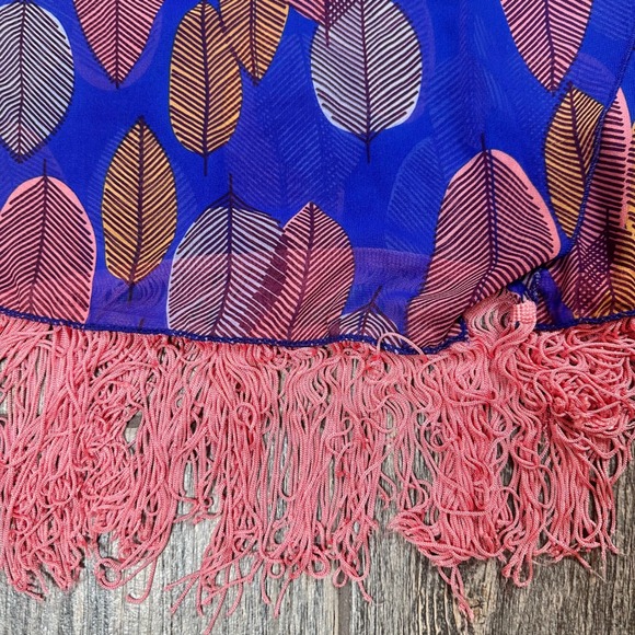 LuLaRoe Kimono Cover-Up Leaf Print Blue Pink Orange Fringe‎ Trim S - Picture 2 of 8